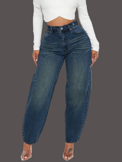 Women’s Jeans – High Waist – Relaxed Tapered Leg – Washed Denim