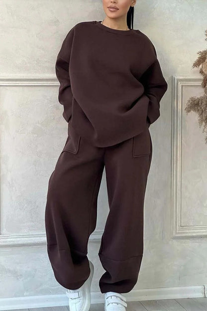 Women’s Lounge Set – Cotton Blend – Oversized Fit – Crew Neck – Wide Leg Pants