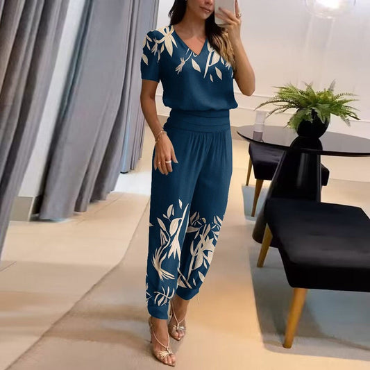 Women’s Two-Piece Set – V-Neck Short Sleeve Top – High Waist Tapered Pants – Breathable Blend