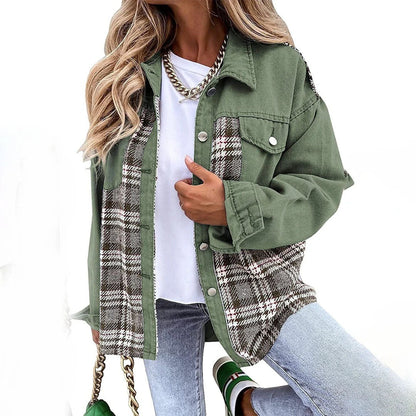 Women’s Jacket – Relaxed Fit – Wool Plaid Panels – Button Front – Hip Length – Casual