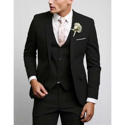 Men’s Three-Piece Suit Set – Slim Fit – Wool Blend – Notch Lapel – Flat Front Trousers