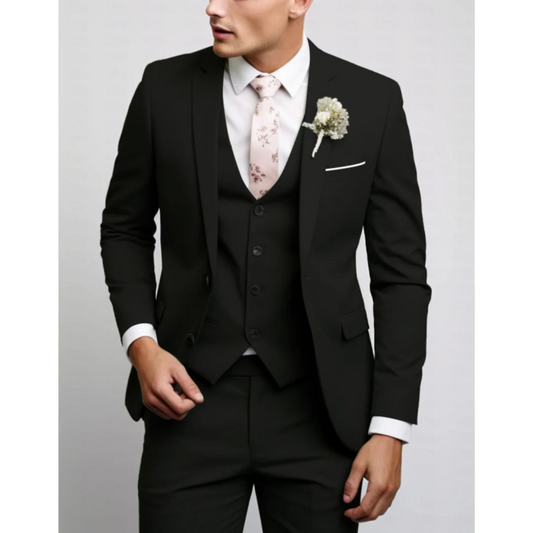 Men’s Three-Piece Suit Set – Slim Fit – Wool Blend – Notch Lapel – Flat Front Trousers