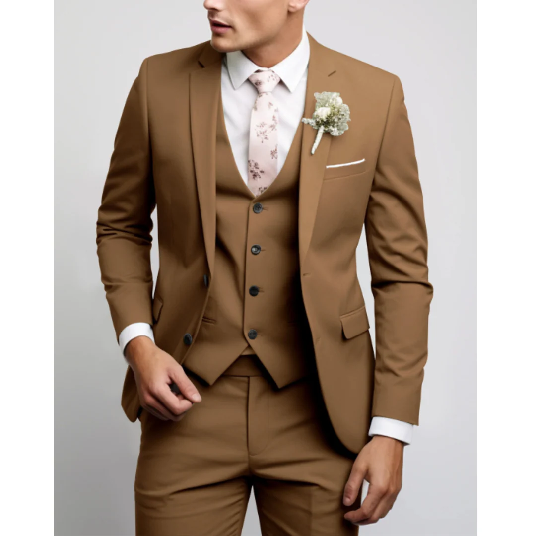 Men’s Three-Piece Suit Set – Slim Fit – Wool Blend – Notch Lapel – Flat Front Trousers