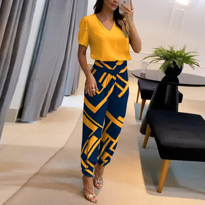 Women’s Two-Piece Set – V-Neck Short Sleeve Top – High Waist Tapered Pants – Breathable Blend