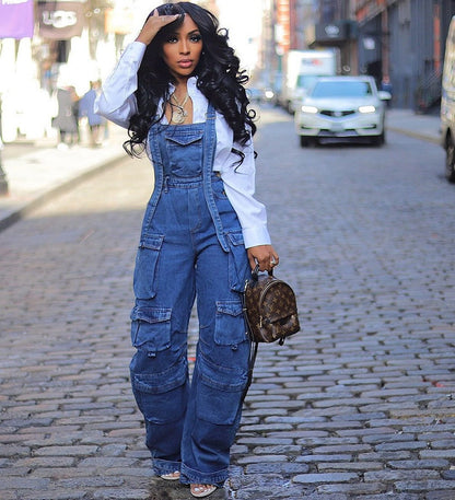 Women’s Denim Overalls – Loose Fit – Wide Leg – Adjustable Straps – Cargo Pockets