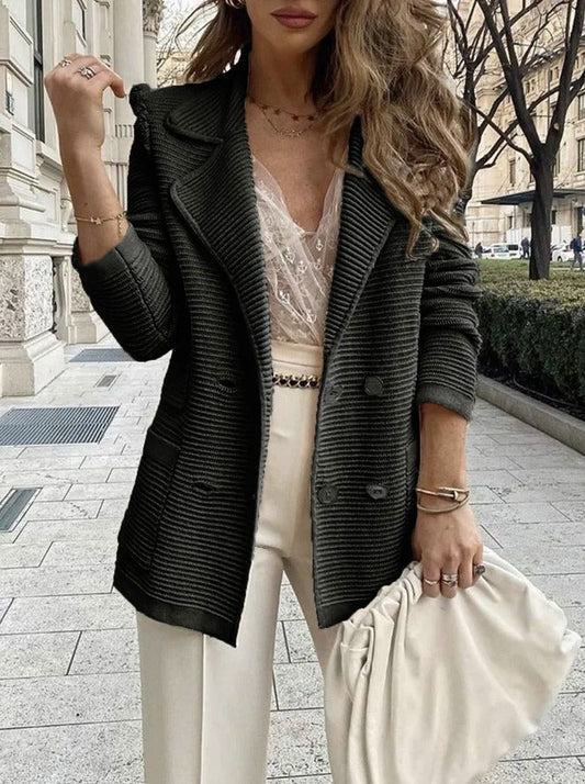 Women’s Jacket Coat – Tailored Fit – Ribbed Texture – Double-Breasted – Lapel Collar