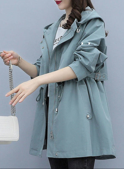 Women’s Mid-Thigh Jacket Relaxed Fit - Cotton Blend - Hooded Stand Collar - Adjustable Waist