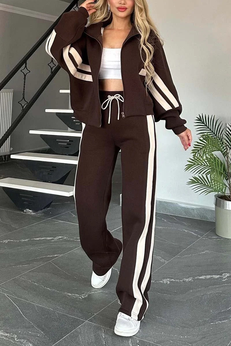 Women’s Jacket Set – Relaxed Fit – Cotton Blend – Striped Sleeve – Athleisure Wear