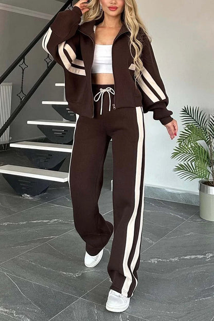 Women’s Jacket Set – Relaxed Fit – Cotton Blend – Striped Sleeve – Athleisure Wear