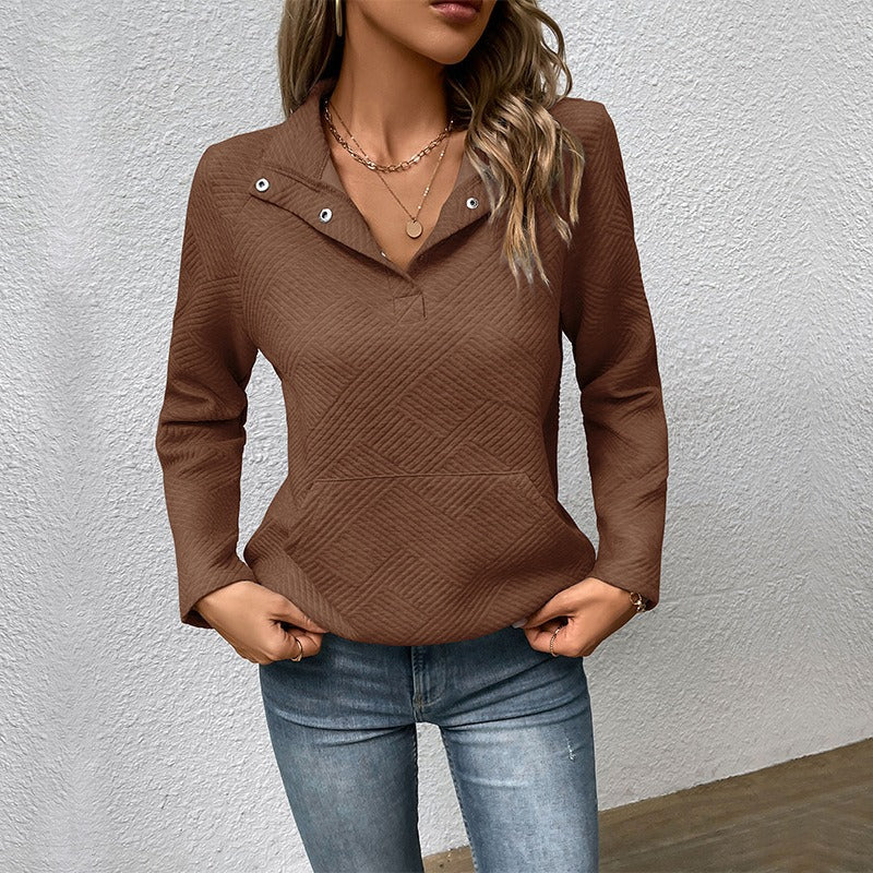 Women’s Sweatshirt – Quilted Pullover – Relaxed Fit – Stand Collar with Pocket