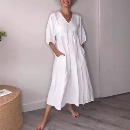 Women’s Midi Dress – Cotton Linen – Loose Fit – V-Neck – ¾ Sleeve – Pockets