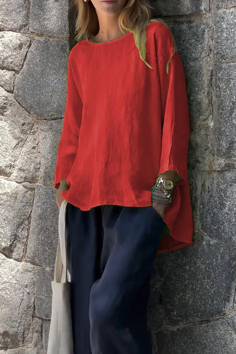 Women’s Casual Top - Cotton Linen - Relaxed Fit - Boat Neck - Asymmetrical Hem