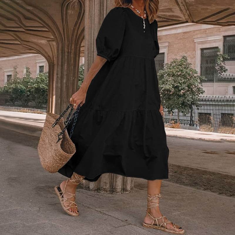 Women’s Midi Dress – Cotton Blend – A-Line Fit – V-Neck Puff Sleeve Boho Style