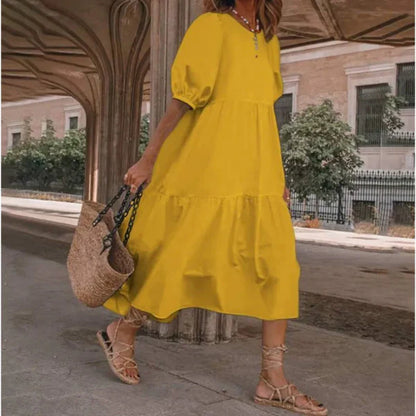 Women’s Midi Dress – Cotton Blend – Flowy Fit – Puff Sleeve – Tiered Boho Style