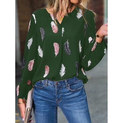 Women’s Long Sleeve T-Shirt – V-Neck – Relaxed Fit – Soft Touch Feather Print