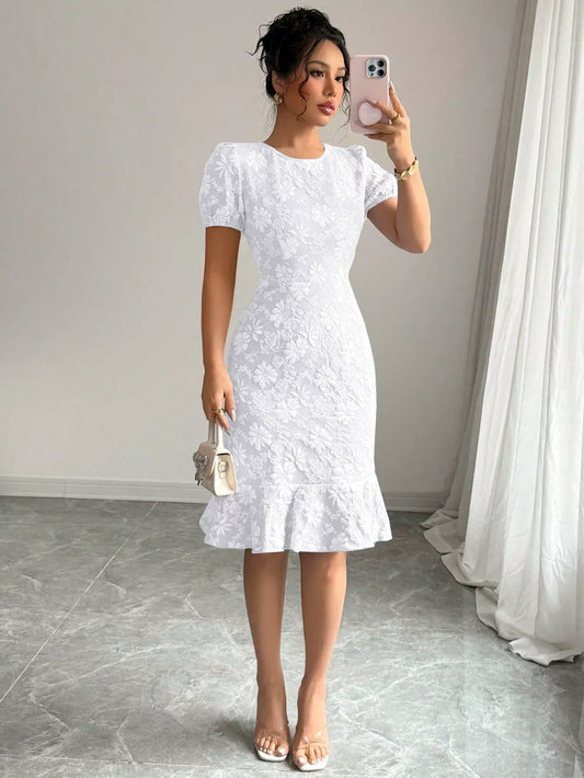 Women’s Midi Dress – Textured Jacquard – Puff Sleeve – Fitted Waist – Vintage Style