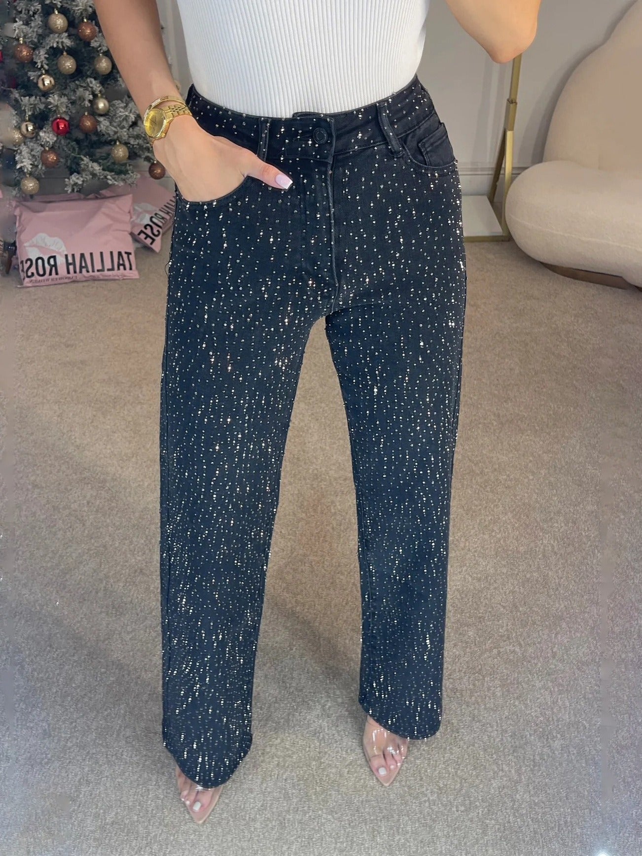 Women’s Jeans – High-Rise Waist – Wide Leg – Relaxed Fit – Rhinestone Embellished