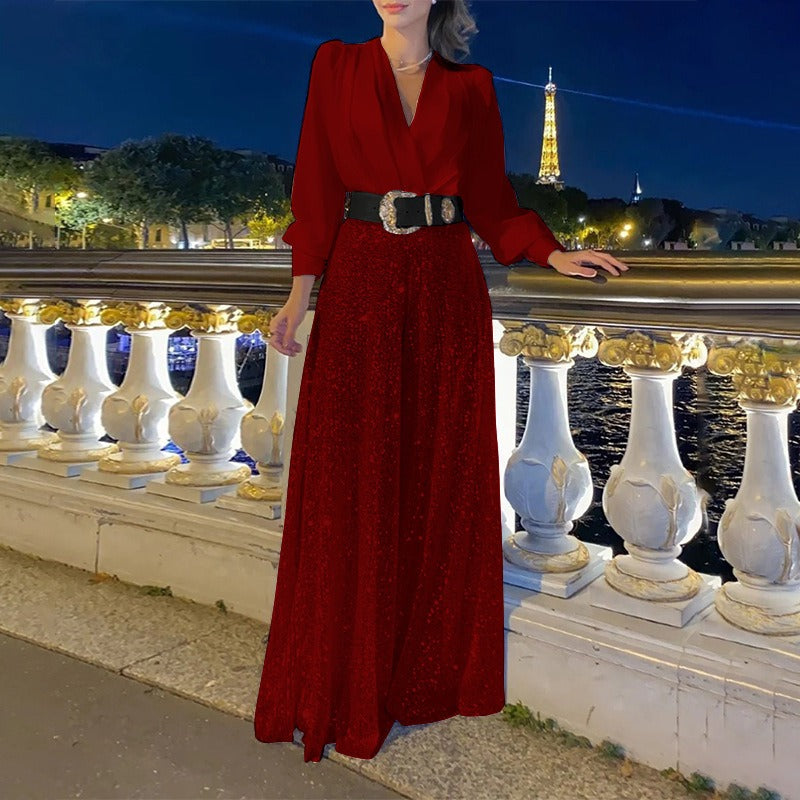Women’s Jumpsuit – Tailored Fit – Tight Waist – V-Neck – Sequin – Long Sleeve