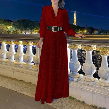 Women’s Jumpsuit – Tailored Fit – Tight Waist – V-Neck – Sequin – Long Sleeve