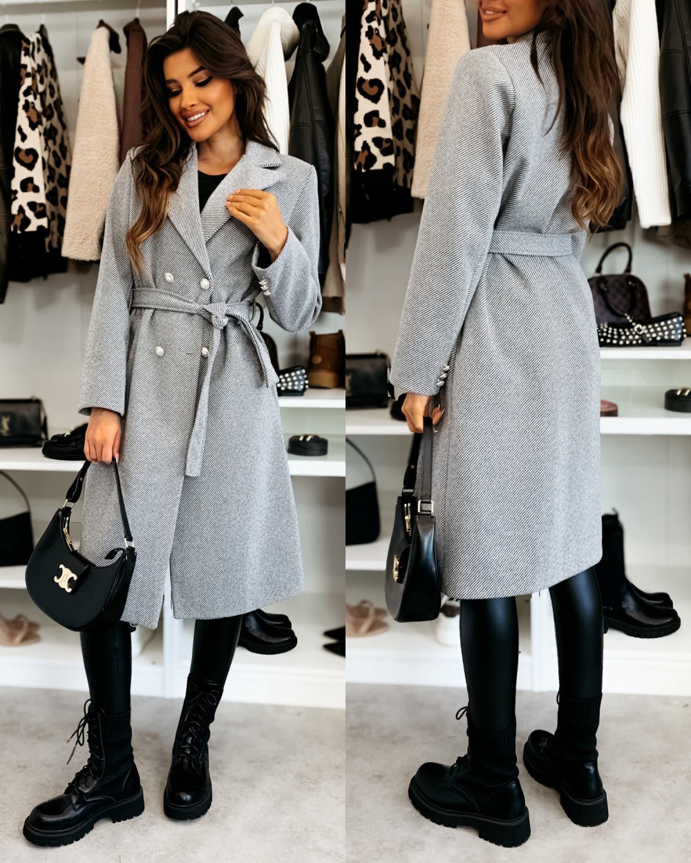 Women’s Wool Coat – Tailored Knee-Length Fit – Double-Breasted – Belted Waist