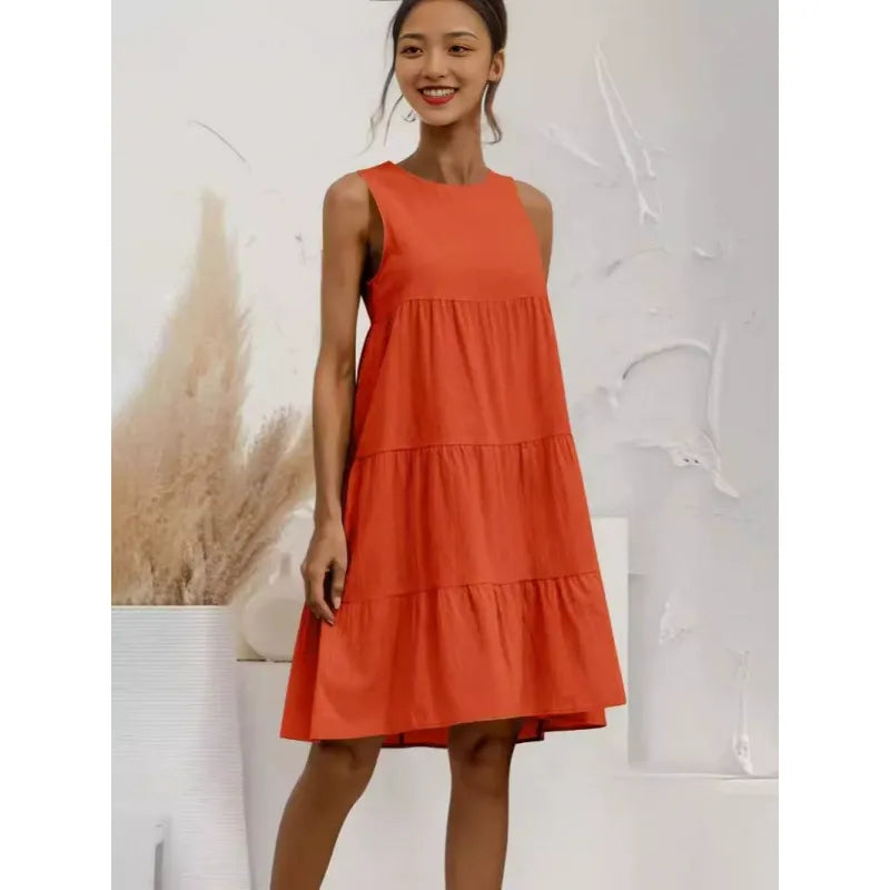 Women’s Sleeveless Dress – Cotton Blend – Loose Fit – Tiered Ruffle Midi Length