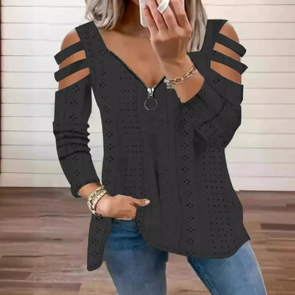 Women’s V-Neck T-Shirt – Loose Fit – Zipper Neckline – Cut-Out Sleeves – Cotton Blend
