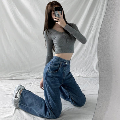 Women’s Jeans – High Waist – Cross-Waist Detail – Relaxed Straight Leg – Full Length