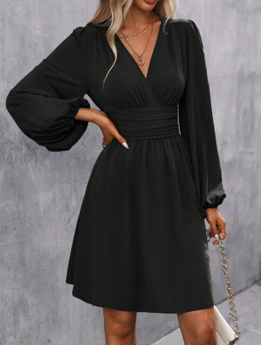 Women’s V-Neck Dress – A-Line Fit – Ruched Waist – Balloon Sleeves – Soft Fabric