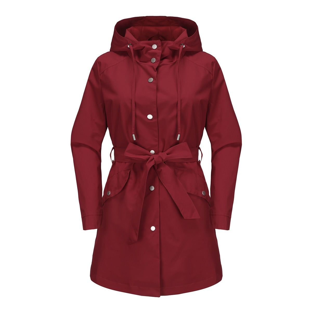 Women’s Windbreaker Jacket – Water-Repellent – Hooded – Belted Waist – Mid-Thigh Length
