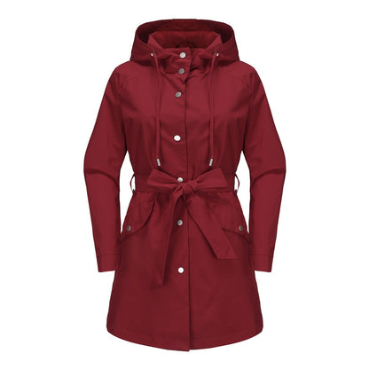 Women’s Windbreaker Jacket – Water-Repellent – Hooded – Belted Waist – Mid-Thigh Length