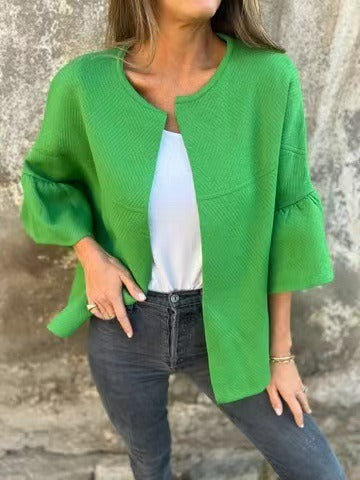 Women's Cropped Cardigan - Knit - Relaxed Fit - Three-Quarter Puff Sleeve - Open Front