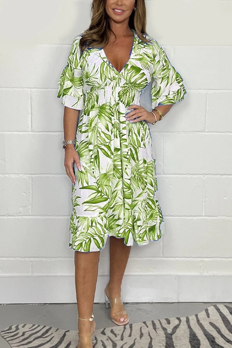 Women’s Midi Dress – Loose Fit – High Waist – Botanical Print – Cotton – V-Neck – Ruffle Sleeve