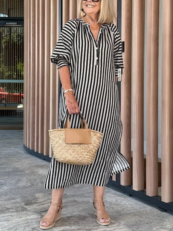 Women’s Midi Dress – Relaxed Fit – V-Neck – Flutter Sleeve – Striped Cotton Blend