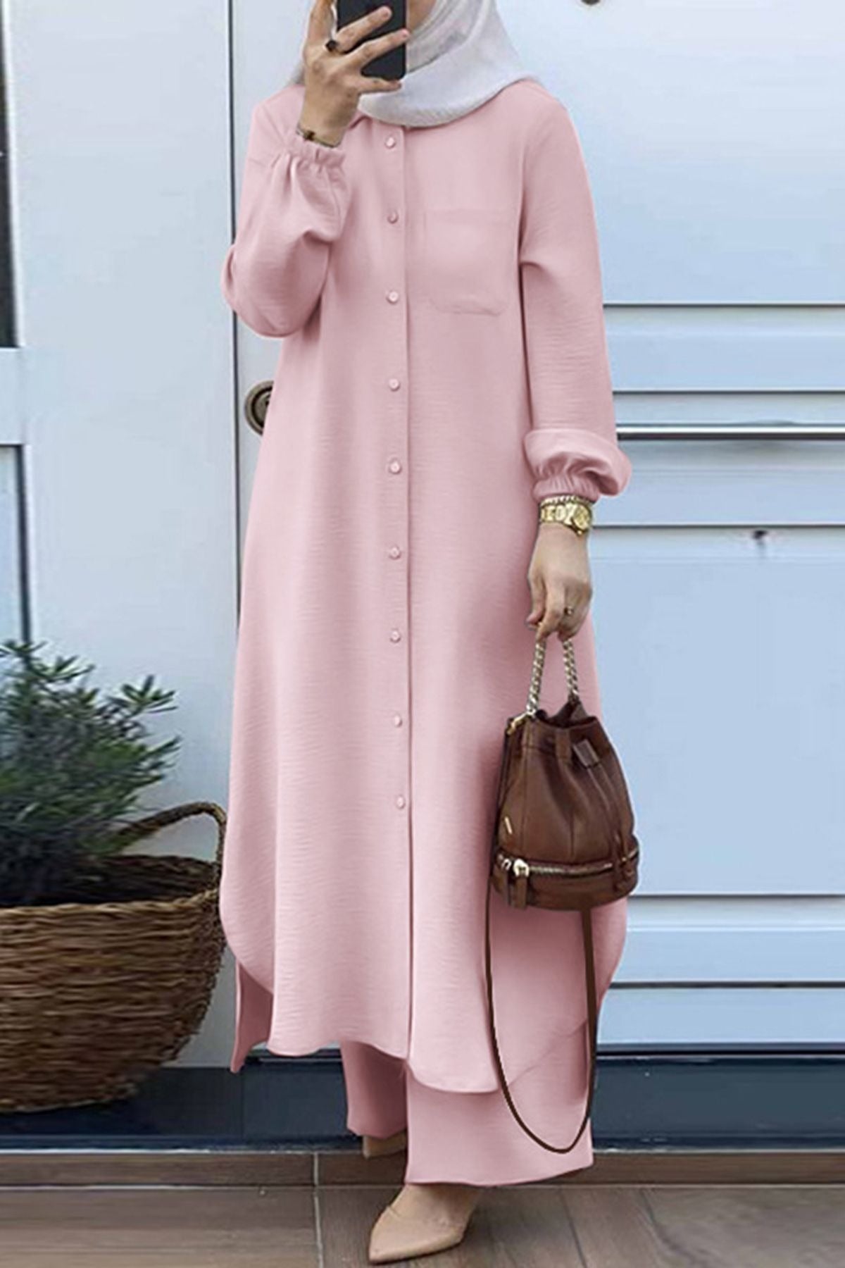 Women’s Tunic Set – Relaxed Fit – Stand Collar – Long Sleeve – Full-Length Trousers