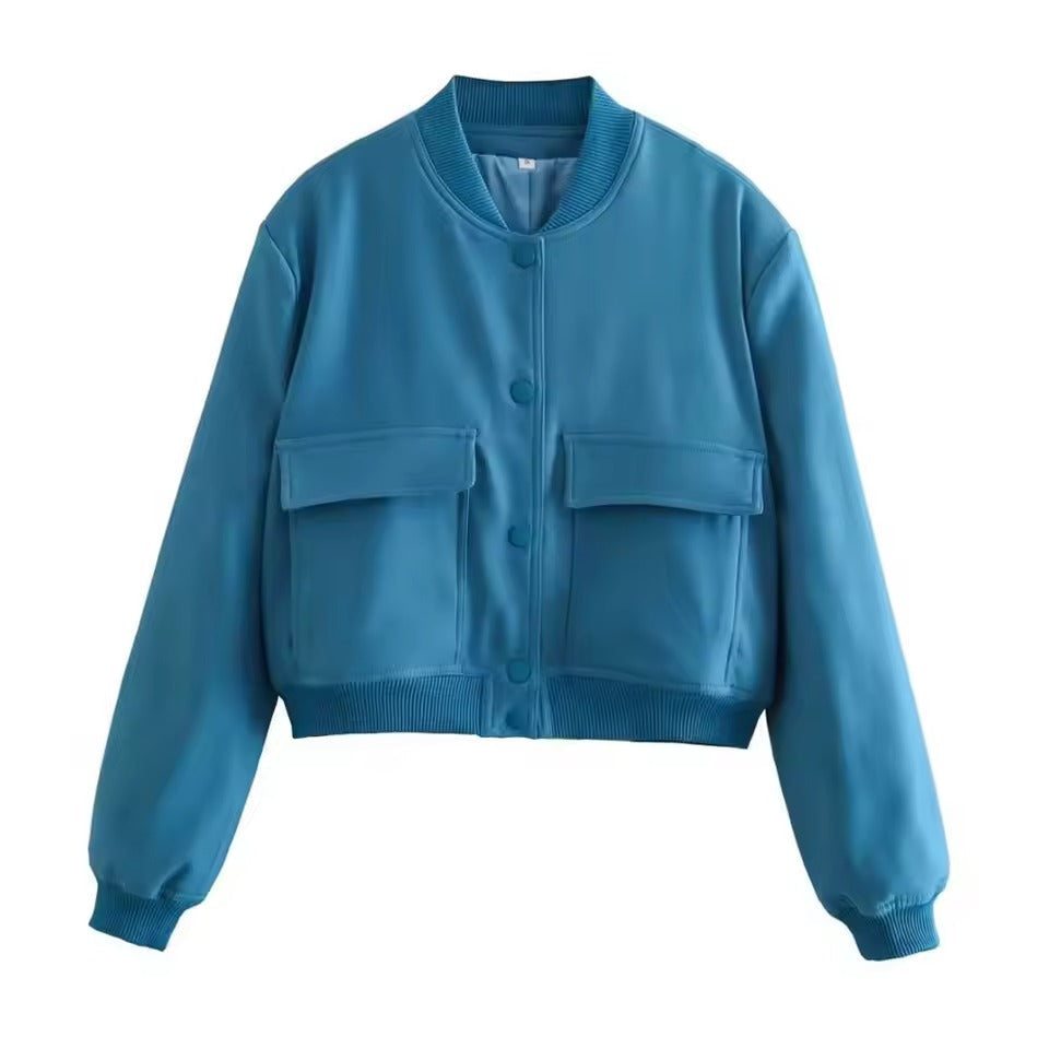 Women’s Bomber Jacket – Relaxed Fit – Button Front – Ribbed Trim – Flap Pockets