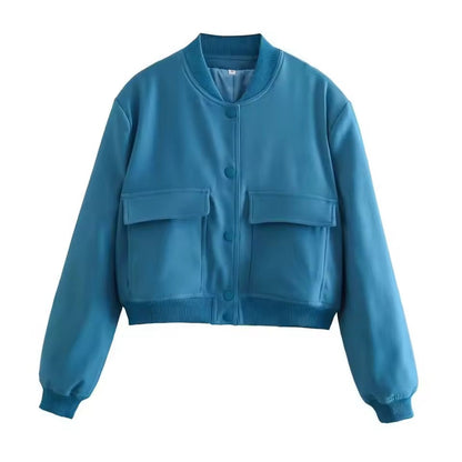 Women’s Bomber Jacket – Relaxed Fit – Button Front – Ribbed Trim – Flap Pockets
