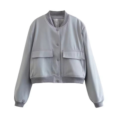 Women’s Bomber Jacket – Relaxed Fit – Button Front – Ribbed Trim – Flap Pockets