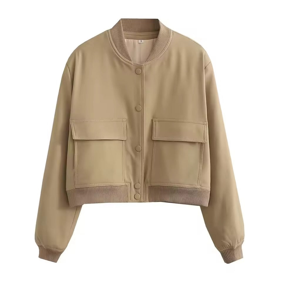 Women’s Bomber Jacket – Relaxed Fit – Button Front – Ribbed Trim – Flap Pockets