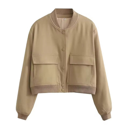 Women’s Bomber Jacket – Relaxed Fit – Button Front – Ribbed Trim – Flap Pockets