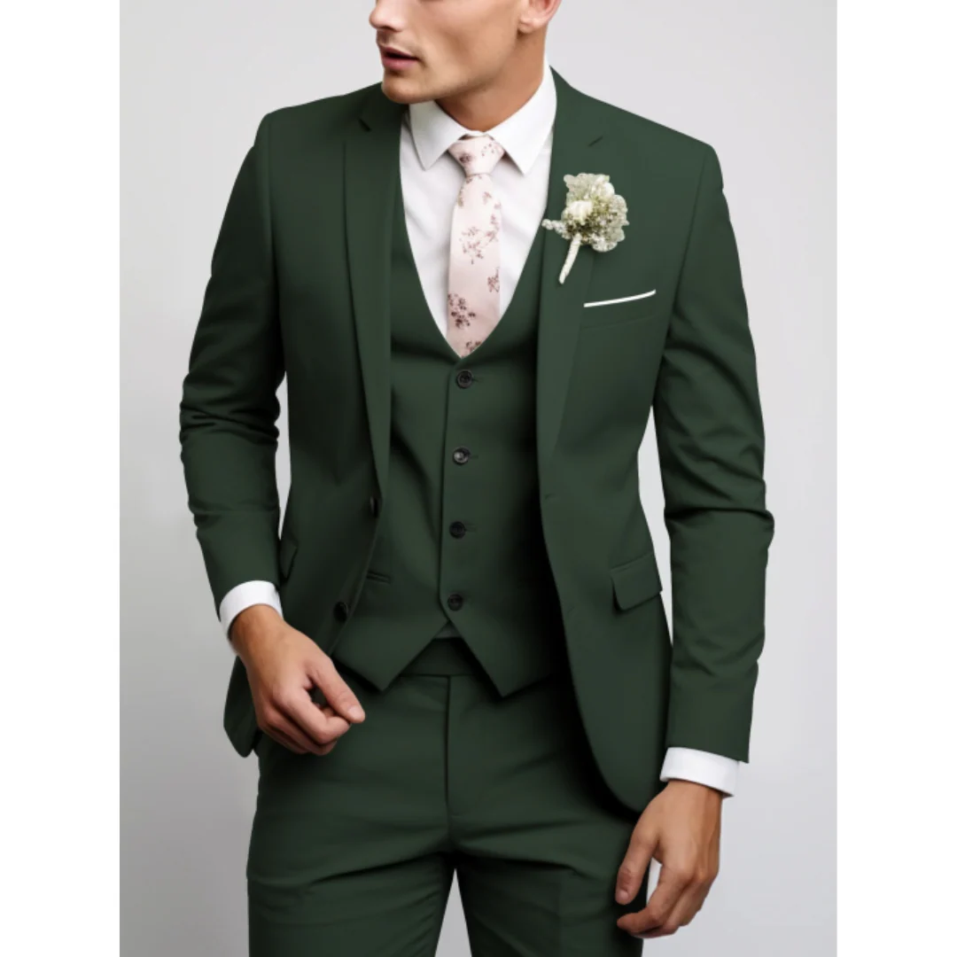Men’s Three-Piece Suit Set – Slim Fit – Wool Blend – Notch Lapel – Flat Front Trousers