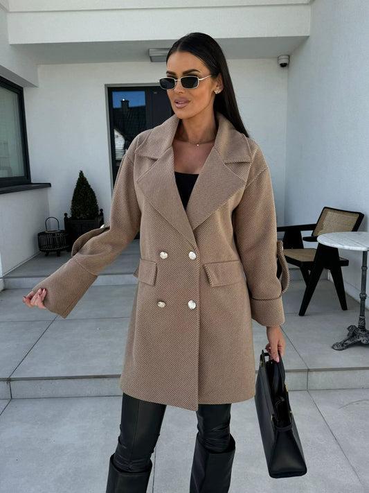 Women’s Wool Coat – H-Line Fit – Double-Breasted – Blazer Collar – Knee Length