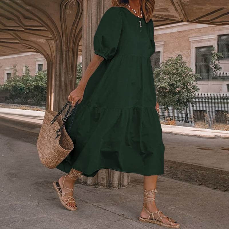 Women’s Midi Dress – Cotton Blend – A-Line Fit – V-Neck Puff Sleeve Boho Style