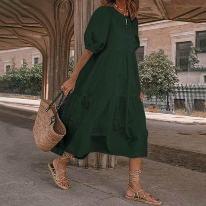 Women’s Midi Dress – Cotton Blend – A-Line Fit – V-Neck Puff Sleeve Boho Style