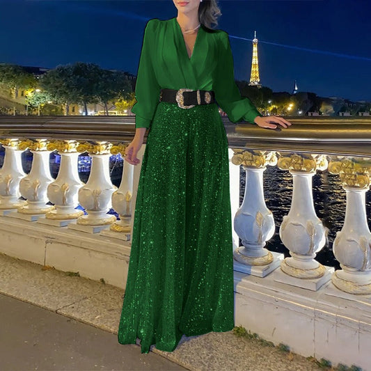 Women’s Jumpsuit – Tailored Fit – Tight Waist – V-Neck – Sequin – Long Sleeve