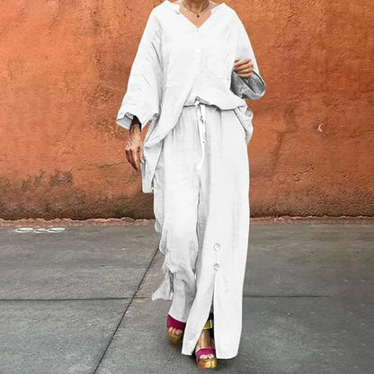 Women’s Two-Piece Set – V-Neck Cardigan – Drawstring Wide-Leg Pants – Cotton Blend