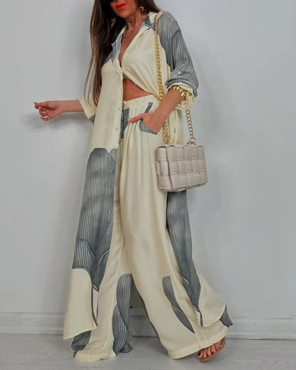 Women’s Two-Piece Set – Button-Down Tunic Shirt – Wide-Leg Pants – Oversized Fit