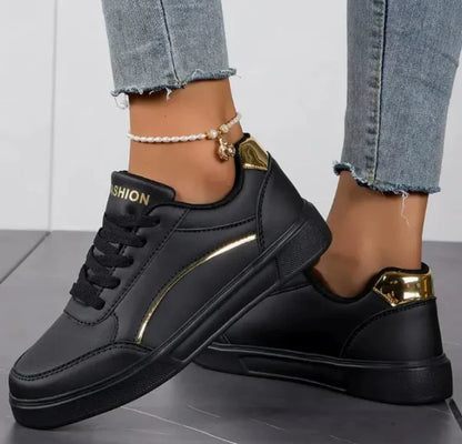 Women’s Low-Top Sneakers – Faux Leather – Platform Sole – Lace-Up Metallic Detail