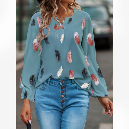 Women’s Long Sleeve T-Shirt – V-Neck – Relaxed Fit – Soft Touch Feather Print