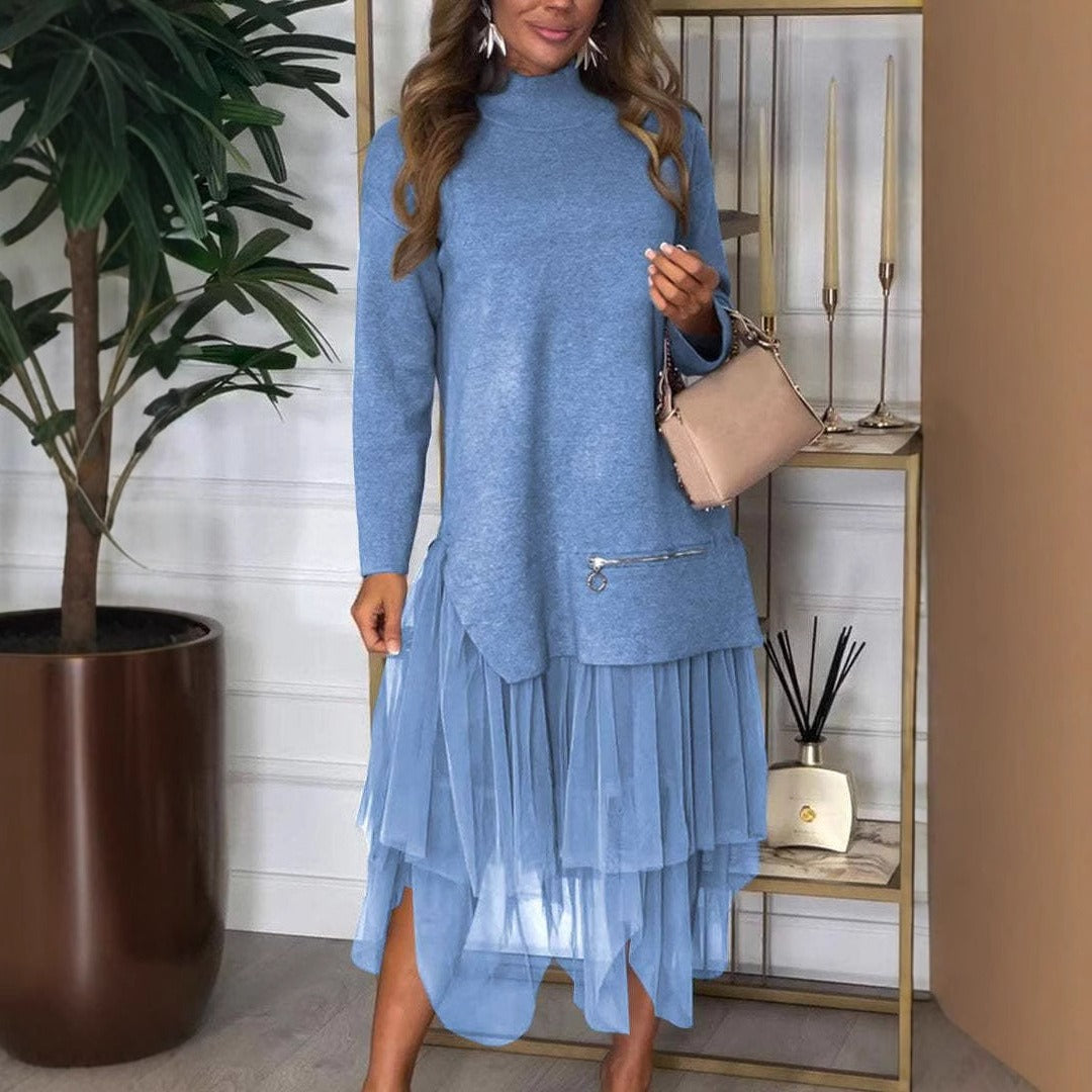 Women’s Midi Dress – Knit Top – Mesh Tiered Skirt – A-Line Fit – Long Sleeve