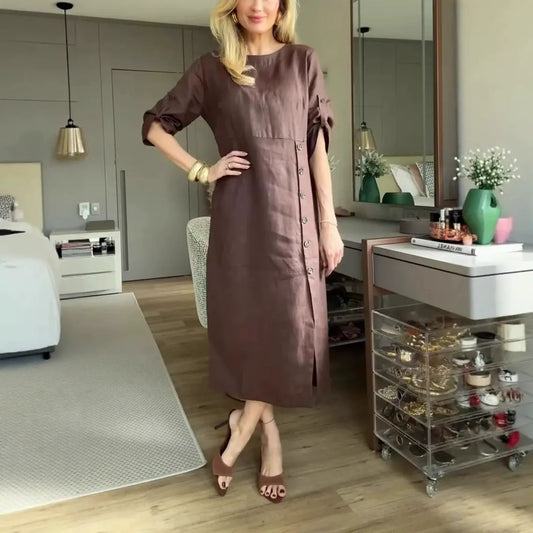 Women’s Midi Dress – Cotton Linen – Relaxed Fit – Short Sleeve – Side Button Detail